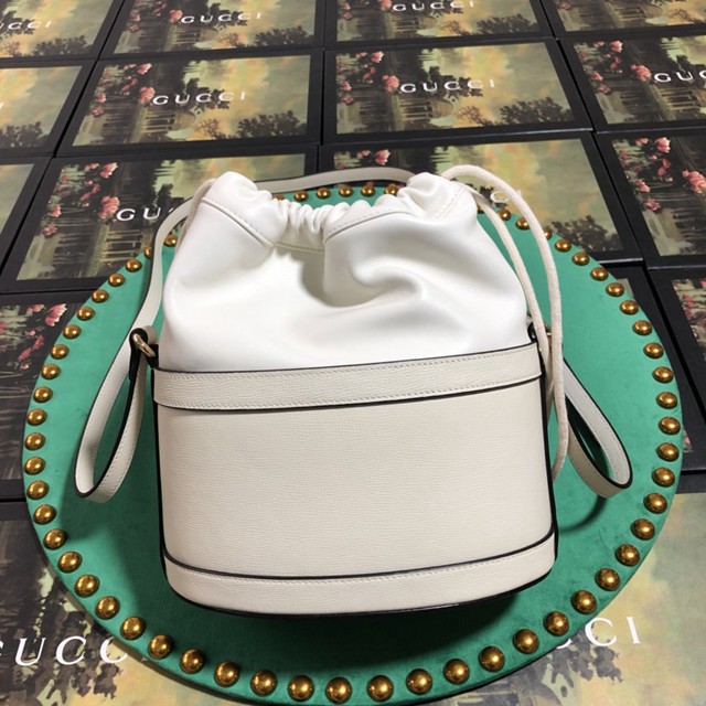 Gucci經典款女包 602118 古馳Gucci1955馬銜扣水桶包 Gucci白色全皮單肩背包  gqy2724